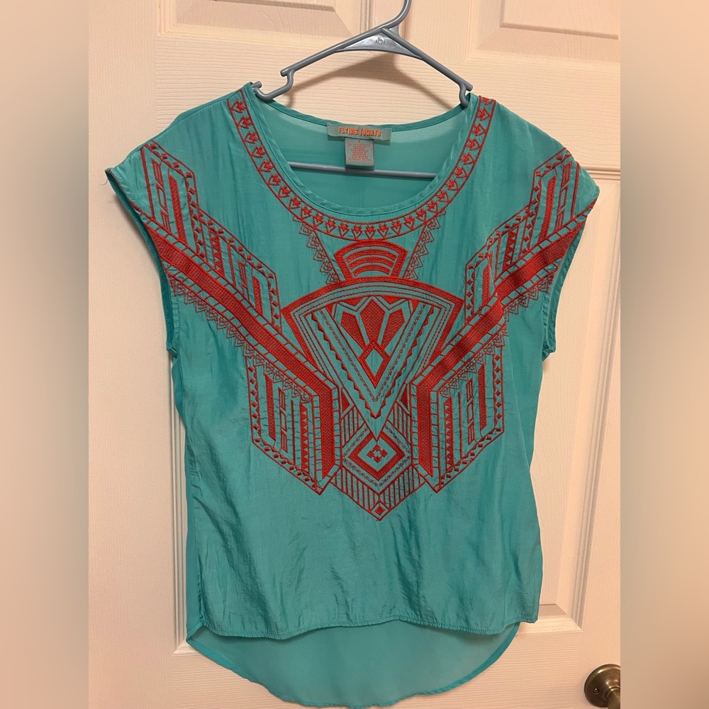 Flying Tomato Turquoise Blouse with Red Geometric Embroidery